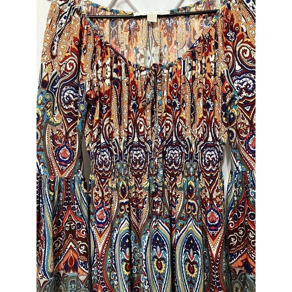Boston Proper Womans Dress Sz 4 Multicolor Gypsy Boho Smocked Waist Bell Sleeve - Picture 3 of 10